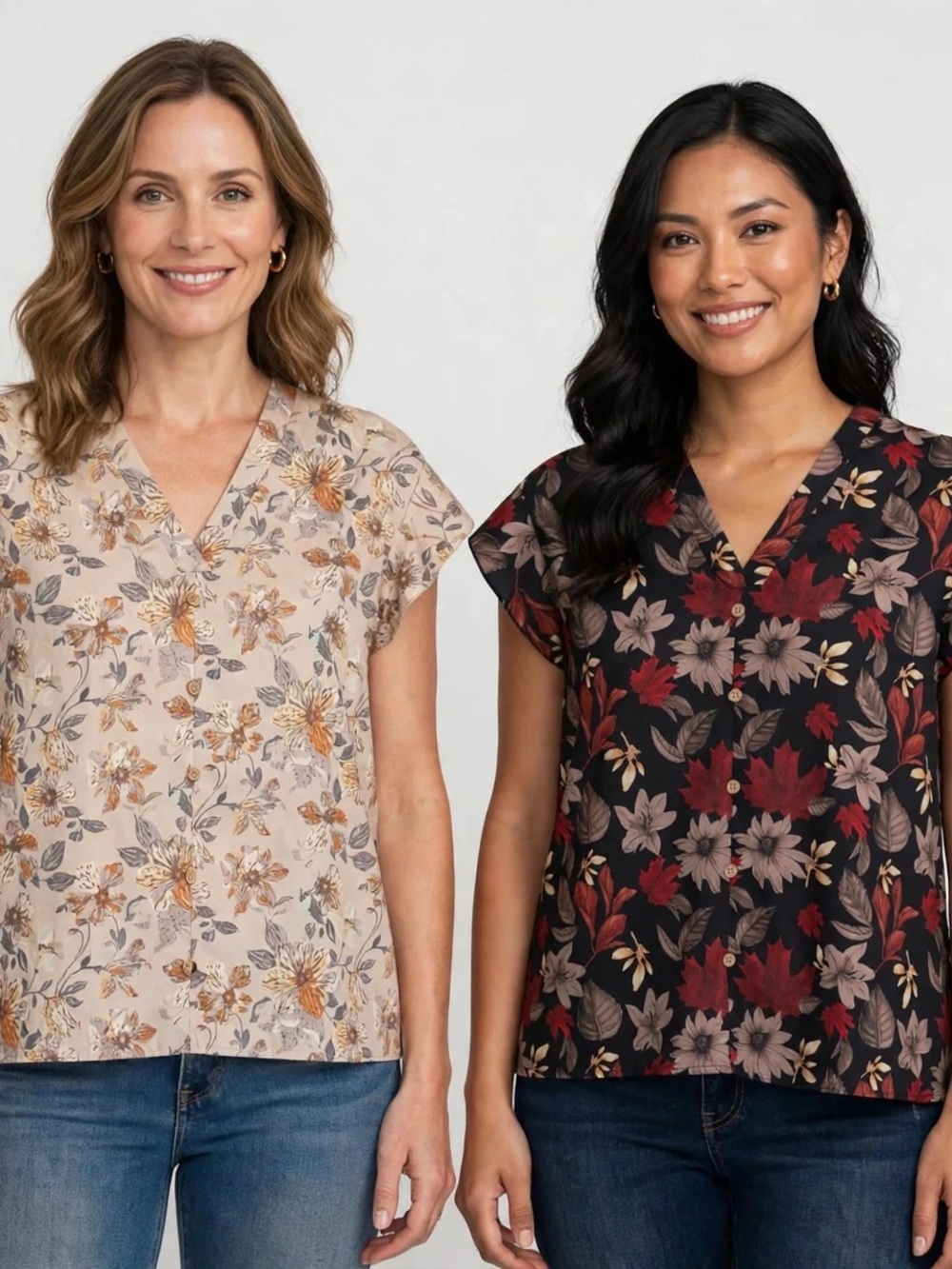 SHEIN Floral V-Neck Short Sleeve Top - Beige & Black with Red Accents